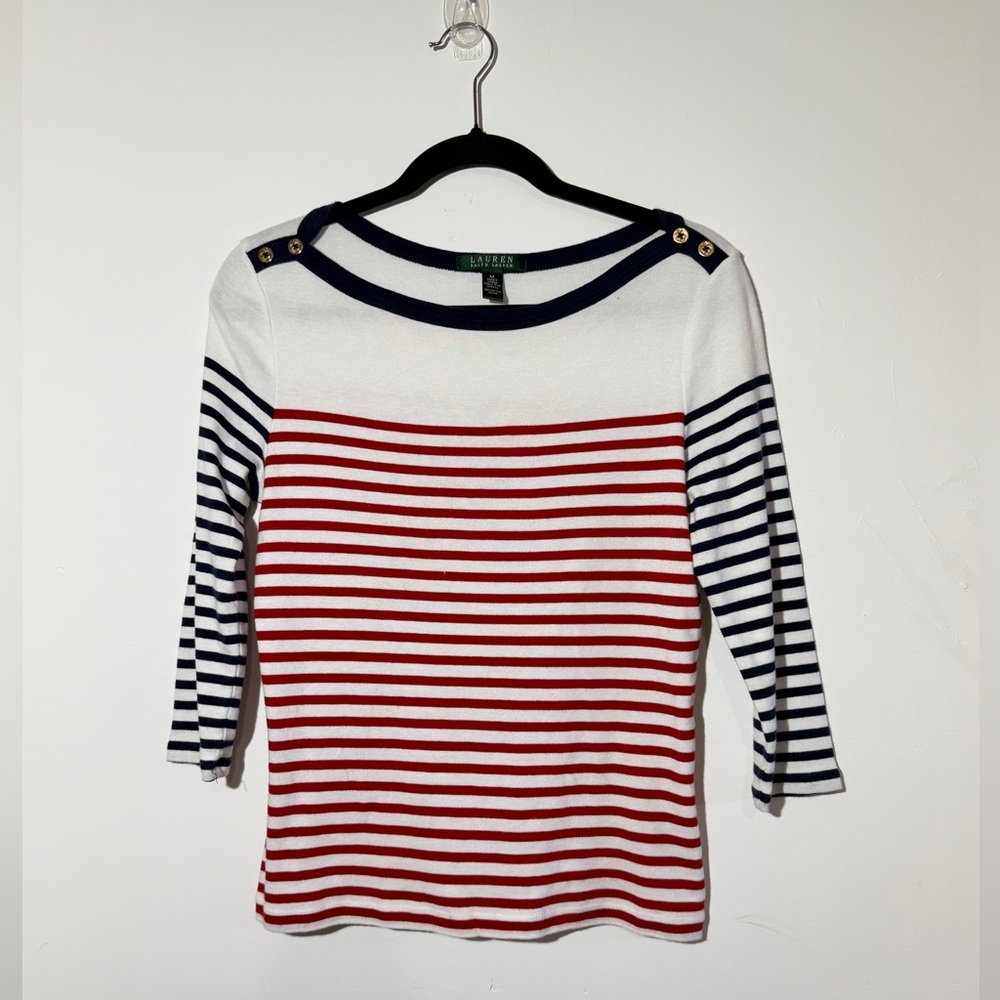 Lauren Ralph Lauren Striped Boat Neck Top Sz M  Nautical Coastal